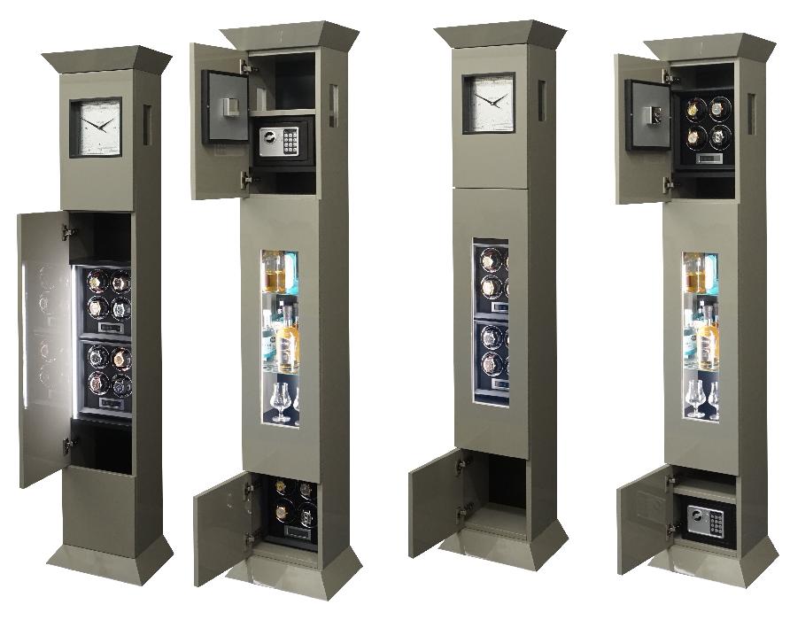 vier verschiedene Varianten der Standuhr mit Uhrenbewegern, mit Vitrine, mit Minibar oder Mini-Safe mit Uhrenbewegern