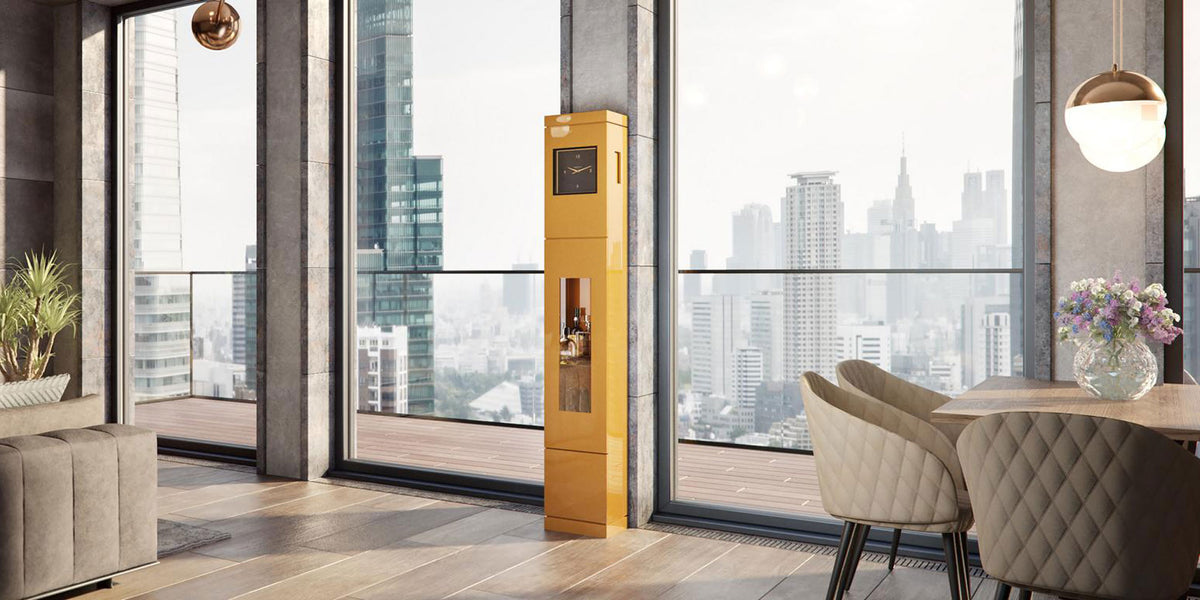 gelbe-ZEITCRAFT-Standuhr-mit-Mini-Bar