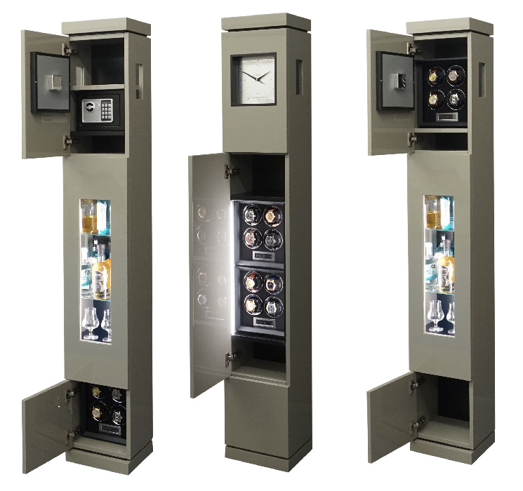 Drei Varianten der Square Standuhr von Zeitcraft - 8er Uhrenbeweger, Mini-Safe und Mini-bar und 4er Uhrenbeweger